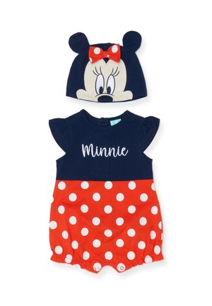 Granatowo-czerwony kombinezon niemowlęcy w białe kropki, z napisem "Minnie" oraz pasująca granatowa czapka z uszami Myszki Minnie i czerwonym kokardą.