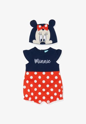 Marineblauw en rood babyrompertje met witte stippen, de tekst "Minnie" en een bijpassend marineblauw hoedje met Minnie Mouse-oren en een rode strik.