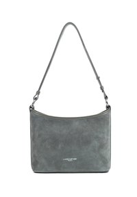 Borsa in suede grigia con parte superiore curva, manico corto e accessori in argento. Presenta un logo sobrio impresso sul davanti. Texture liscia.