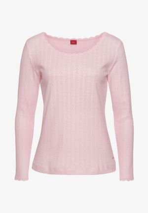 Light pink long-sleeve top with a scalloped neckline, ribbed texture, and small diamond patterns throughout. Made from soft fabric.