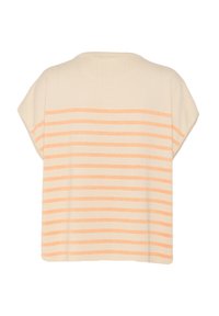 Korte mouwen top in crème met horizontale perzikstrepen, ontspannen pasvorm, zachte textuur en een ronde halslijn. Naadloos ontwerp aan de achterkant.