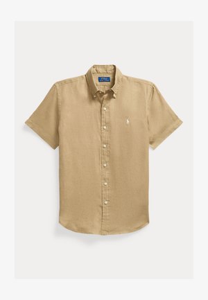 Beige overhemd met korte mouwen, knoopsluiting, button-down kraag en klein wit Polo Ralph Lauren-logo op de linkerborst.