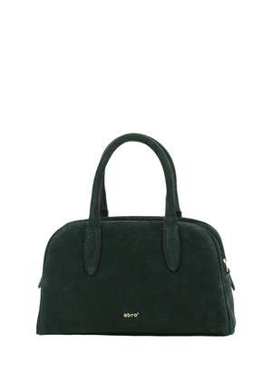 Dark green suede handbag with two handles and gold logo text "abro" centered on the front.