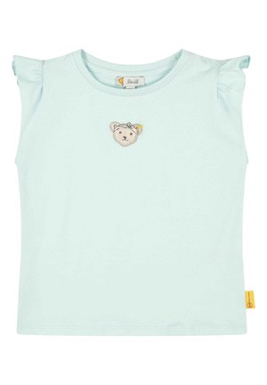 T-shirt di cotone azzurro chiaro con maniche corte a volant e un ricamo di faccia d'orso sulla parte anteriore. Presenta un piccolo etichetta gialla sul lato.