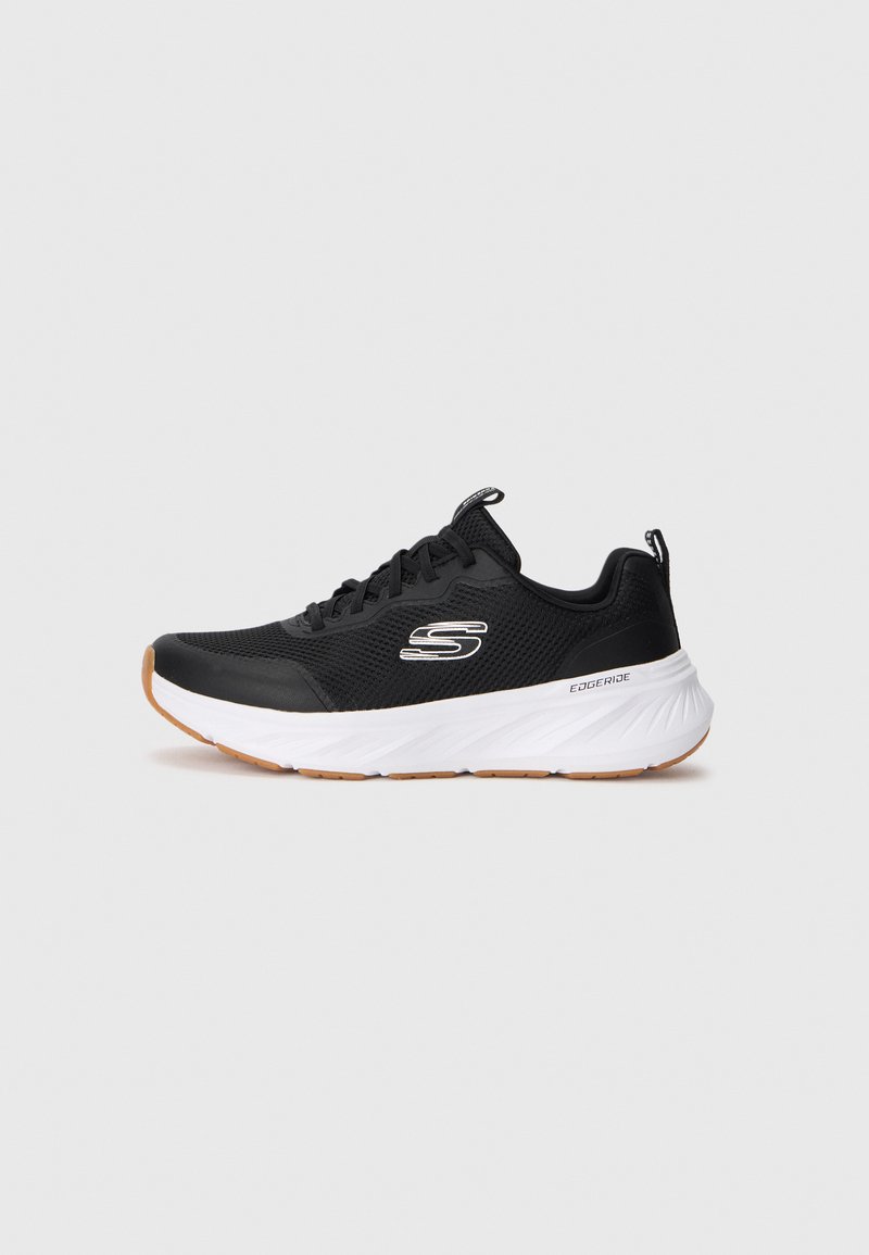 Black mesh athletic shoes with a white midsole and brown outsole. Features laces, a pull tab, and a logo on the side.