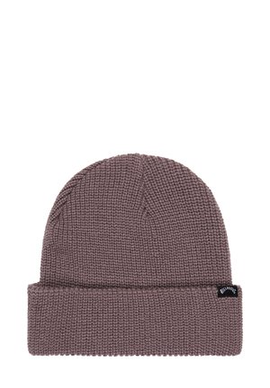 Donker mauve gebreide beanie met een omgeslagen rand, voorzien van een klein zwart merklabel aan de zijkant. Geweven patroon over de gehele beanie.