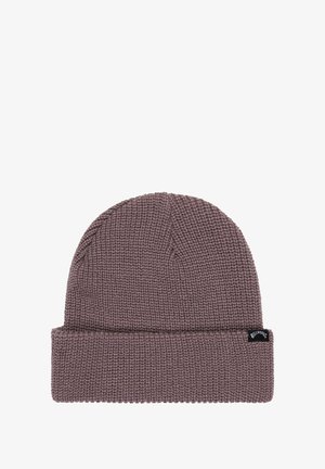 Donker mauve gebreide beanie met een omgeslagen rand, voorzien van een klein zwart merklabel aan de zijkant. Geweven patroon over de gehele beanie.
