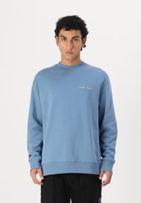 Blue cotton sweatshirt with long sleeves, ribbed cuffs and hem, featuring a small logo on the chest. Smooth texture and relaxed fit.