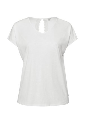 Top bianco da donna a maniche corte con scollo a V e bordo in pizzo sul collo posteriore, realizzato in tessuto morbido.