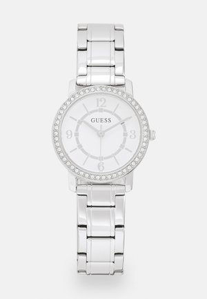 Silver wristwatch featuring a round face with a white dial, crystal accents around the bezel, and a metallic link bracelet.