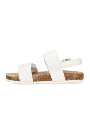 Sandalias blancas con dos correas anchas y una plantilla de corcho. La suela está texturizada con una suela exterior de goma ligera para un mejor agarre.