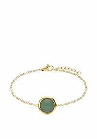 Goldkette Armband mit einem glatten, runden grünen Stein, der in einer abgerundeten Fassung gesetzt ist, mit einem Verschluss und verstellbaren Kettengliedern.