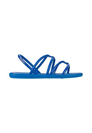 Sandalo basso da donna blu con molteplici sottili listini e cinturino al tallone, con suola strutturata per una migliore aderenza.