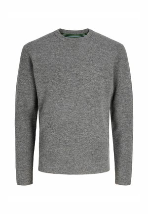 Pelēks adīts džemperis ar garām piedurknēm, apaļu kakla izgriezumu un teksturētu virsmu. Tam ir nemanāma raksta apdare un kontrastējoša iekšējā kakla izgriezuma apdare.