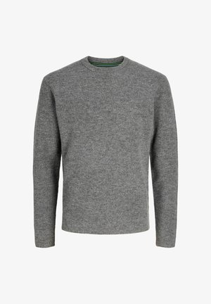 Pelēks adīts džemperis ar garām piedurknēm, apaļu kakla izgriezumu un teksturētu virsmu. Tam ir nemanāma raksta apdare un kontrastējoša iekšējā kakla izgriezuma apdare.