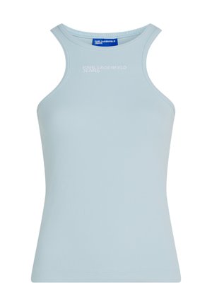 Canotta a coste di colore azzurro chiaro con collo alto e logo "KARL LAGERFELD JEANS" in bianco sul petto.