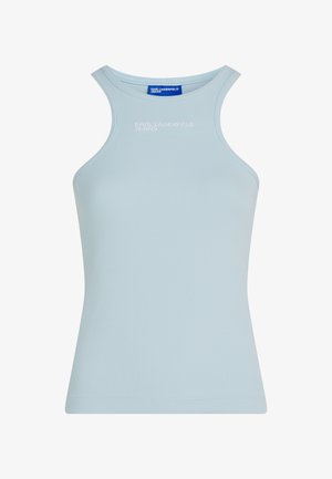 Canotta a coste di colore azzurro chiaro con collo alto e logo "KARL LAGERFELD JEANS" in bianco sul petto.