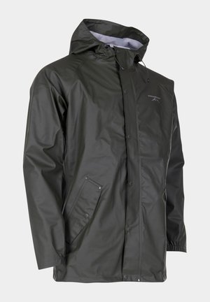 Waterdichte donkergroene regenjas met capuchon, drukknopen en een met rits afgesloten zijzak. Gladde textuur met verstelbare manchetten.