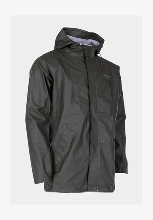 Waterdichte donkergroene regenjas met capuchon, drukknopen en een met rits afgesloten zijzak. Gladde textuur met verstelbare manchetten.