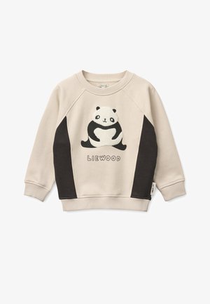 Sweat-shirt crème et gris foncé avec motif panda, poignets côtelés et encolure ronde. Tissu doux et texturé avec étiquette de marque visible.