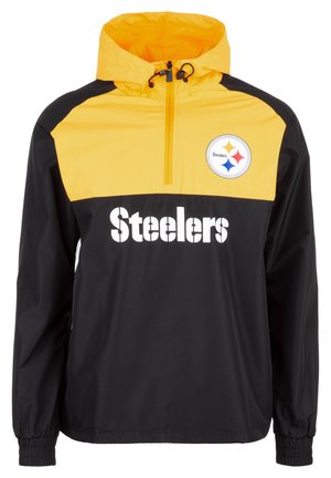 Czarna i żółta bluza z kapturem z napisem "Steelers" oraz okrągłym logo Steelers na piersi.