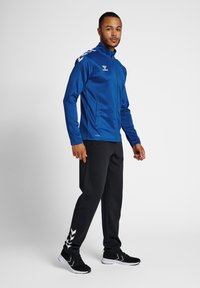 Blue zip-up athletic jacket with long sleeves, paired with black tapered pants featuring white chevron accents and black sneakers.