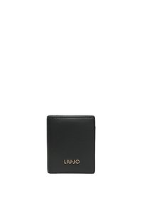 Portafoglio in pelle nera di forma quadrata, con il logo dorato "LIU JO" sulla parte anteriore e una texture liscia. Presenta un design piegato per la conservazione delle carte.
