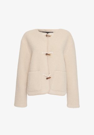 Kort beige fleecejakke med rund halsudskæring, der har to frontlommer og snørelukninger. Blødt tekstureret stof med en afslappet pasform.