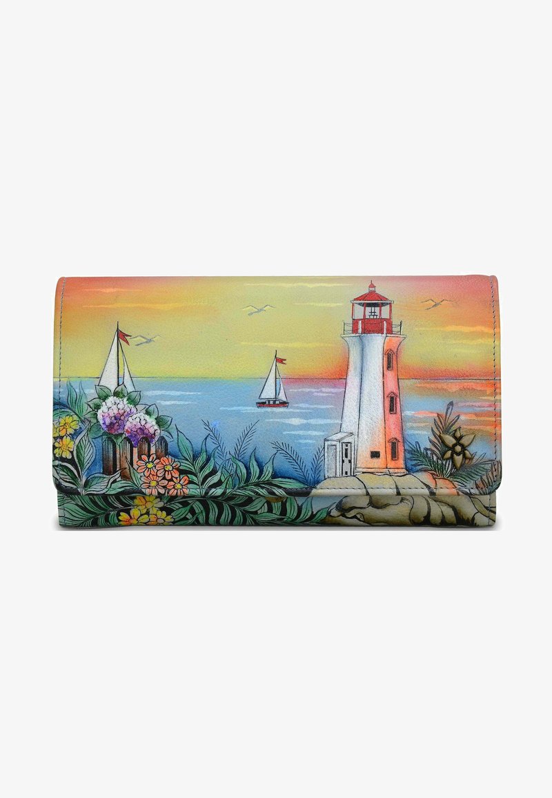 Kleurige portemonnee met een vuurtoren, zeilboten en bloemmotieven. Gemaakt van leer met een gladde textuur en ingewikkelde handgeschilderde details.