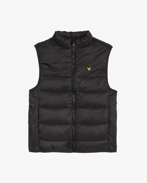 Colete acolchoado preto com gola alta e fecho frontal. Apresenta um pequeno logótipo amarelo no lado esquerdo do peito. Textura suave e design acolchoado.
