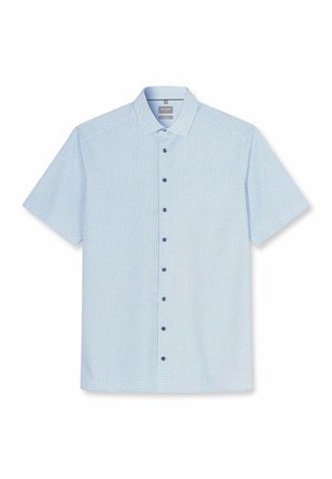 Camicia azzurra a maniche corte con bottoni, con piccolo motivo geometrico a pois blu scuro e colletto classico.