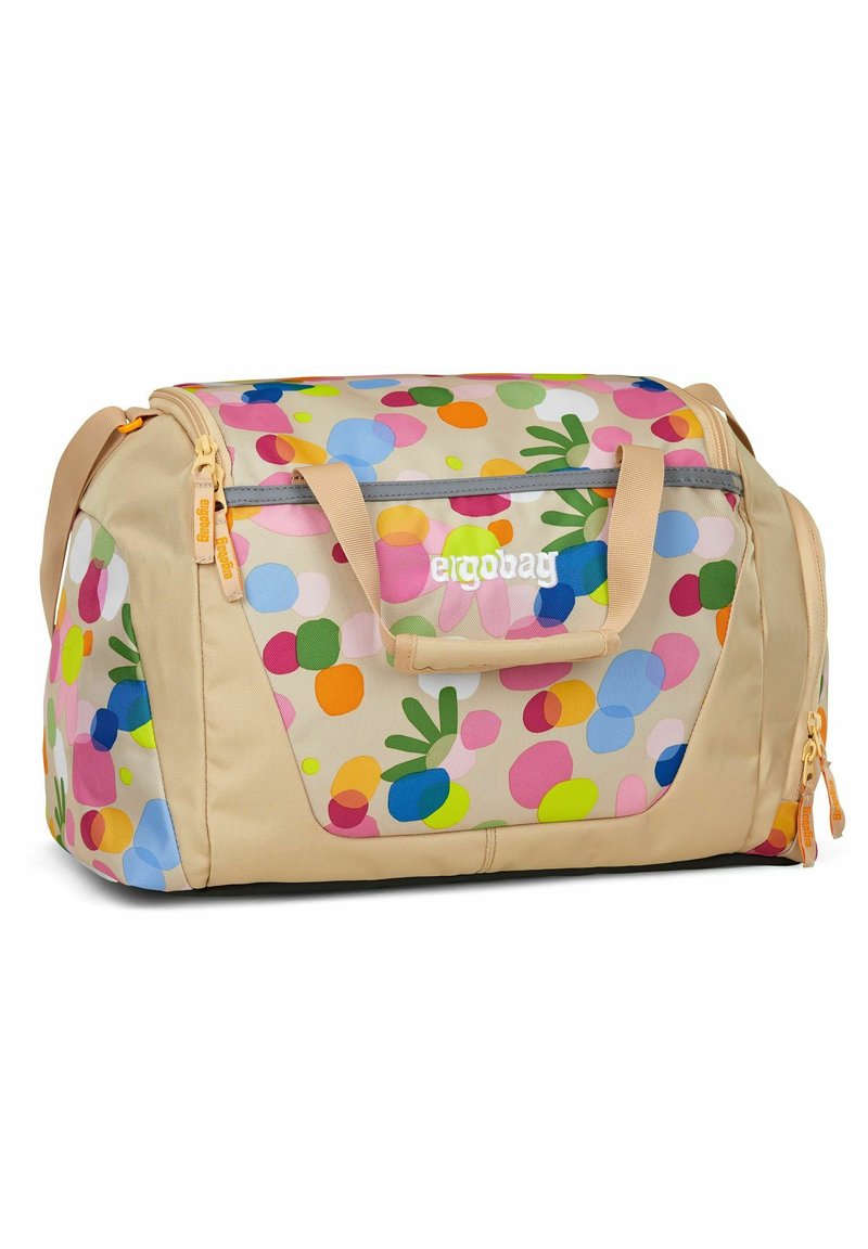 Bolsa de deporte con una base beige y patrones de puntos abstractos y coloridos. Cuenta con asas resistentes, un cierre con cremallera y un logo de la marca.