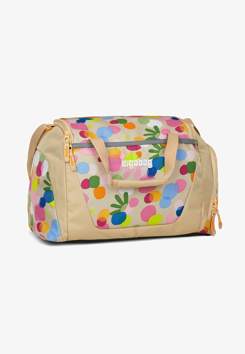 Dufflebag met een beige basis en kleurrijke, abstracte stippenpatronen. Voorzien van stevige handgrepen, een ritssluiting en een merklogo.