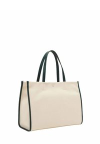 Sac fourre-tout en toile beige avec des détails vert foncé, deux poignées et une forme structurée. Design minimaliste sans embellissements supplémentaires.