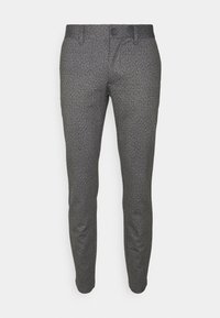 Slim-fit chinos w kolorze ciemnoszarym z teksturowanym wzorem. Posiadają zapięcie na guzik i szlufki na pasek, wykonane z lekkiego materiału.