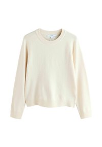 Pulover crem, fabricat dintr-un material tricotat moale, prezintă un decolteu rotund, manșete și tiv cu nervuri și mâneci raglan.