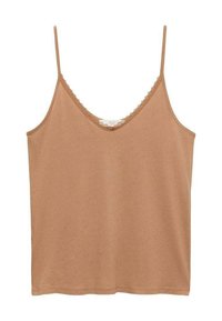 Brun tanktopp med tunna axelband, V-halsringning och spetsdetaljer längs kanterna, tillverkad av mjukt, stretchigt tyg med en slät yta.