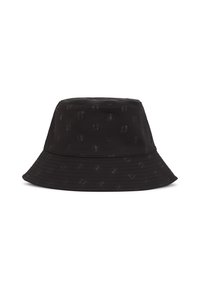 Cappello a secchiello nero in tessuto con un sottile motivo goffrato. Presenta una larga falda flessibile e una corona arrotondata.