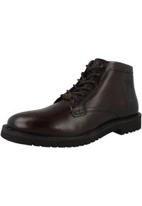 Botine din piele maro, cu finisaj neted, vârf rotund, șireturi în față și talpă robustă din cauciuc negru, având detalii cusute.
