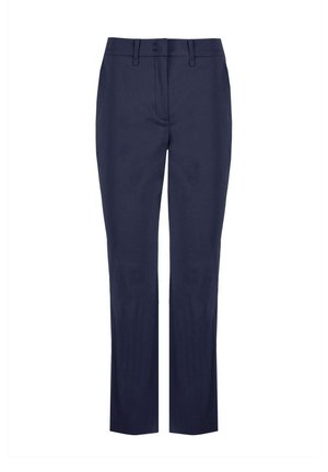 Pantaloni da cerimonia blu navy con taglio slim, frontale piatto, zip e passanti per cintura. Realizzati in un tessuto leggero e liscio. Design classico su misura.