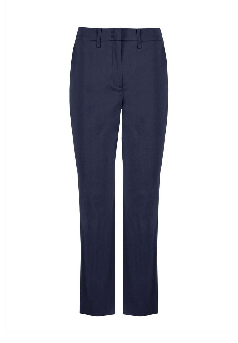 Pantaloni da cerimonia blu navy con taglio slim, frontale piatto, zip e passanti per cintura. Realizzati in un tessuto leggero e liscio. Design classico su misura.