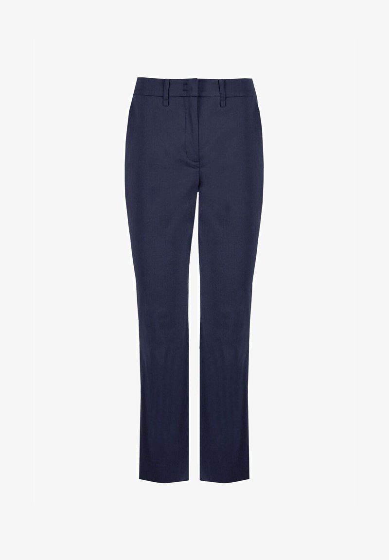 Pantalons de costume bleu marine avec une coupe slim, devant plat, fermeture éclair et passants de ceinture. Fabriqués dans un tissu lisse et léger. Design classique ajusté.