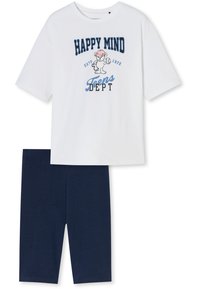 White T-shirt with graphic print and blue text, paired with navy shorts. Cotton material, relaxed fit, short sleeves, and elastic waistband shorts.