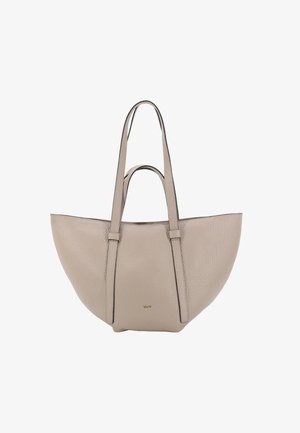 Beige leather tote bag with a textured finish, curved silhouette, dual long handles, and subtle branding on the front.
