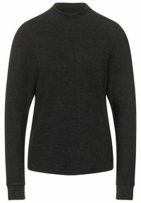 Suéter negro con cuello alto, mangas largas y puños acanalados. Hecho de un tejido suave con una textura simple y lisa, sin patrones visibles.