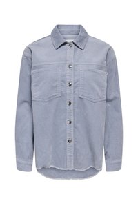 Hele-sinine bedžioonist nööpidega särk, millel on pikad varrukad, kaks rinnataskut ja veidi kulunud äär.