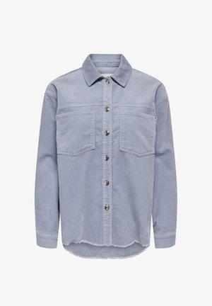 Hele-sinine bedžioonist nööpidega särk, millel on pikad varrukad, kaks rinnataskut ja veidi kulunud äär.