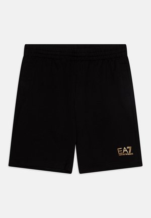 Shorts neri con cintura elastica, dotati di due tasche laterali e un logo dorato EA7 sul lato sinistro in basso. Tessuto morbido e liscio.