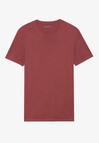 Short-sleeve t-shirt in reddish-brown cotton, round neck design, soft texture, and minimal stitching details on sleeves and hem.