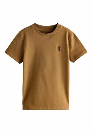 Brown cotton t-shirt with a crew neck, short sleeves, and a small blue deer logo on the left chest. Smooth texture, casual design.